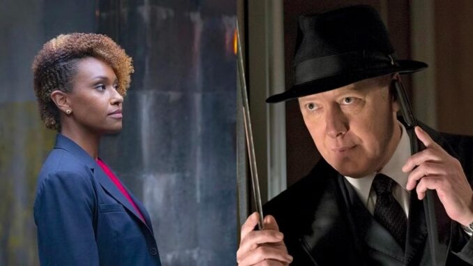 Val staring someone down in The Endgame and Red peeking through a window in The Blacklist